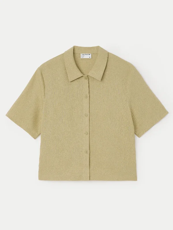 The Cropped Linen Blend Shirt in Green Beige