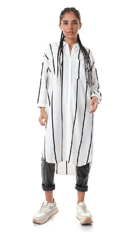 93143 Vertical Striped Full Buttoned White Long Shirt