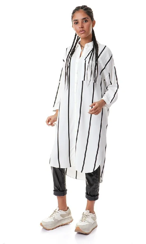 93143 Vertical Striped Full Buttoned White Long Shirt