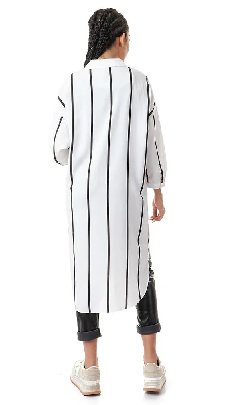 93143 Vertical Striped Full Buttoned White Long Shirt