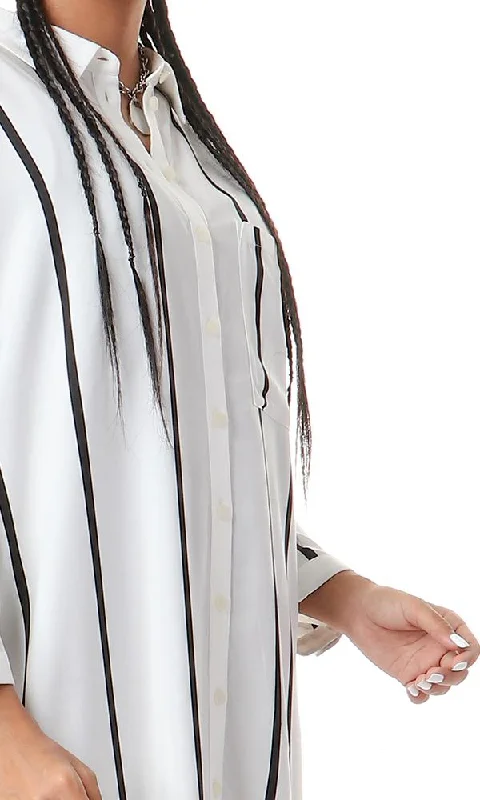 93143 Vertical Striped Full Buttoned White Long Shirt