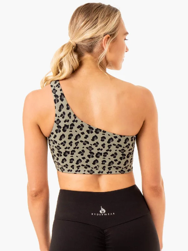 Adapt One Shoulder Sports Bra - Khaki Leopard