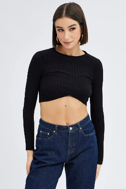 Black Knit Top Long Sleeve Crop