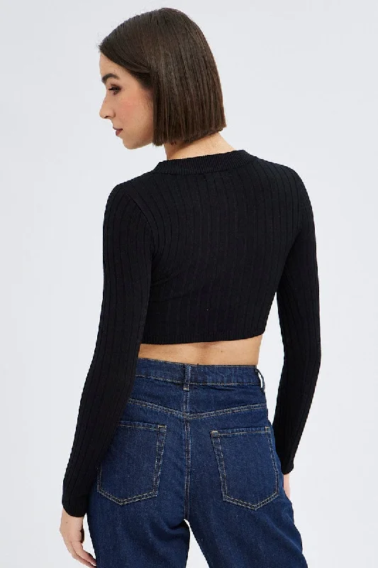 Black Knit Top Long Sleeve Crop