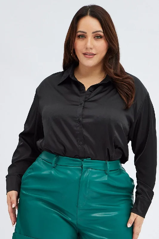 Black Relaxed Shirt Long Sleeve Satin