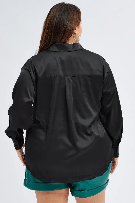 Black Relaxed Shirt Long Sleeve Satin