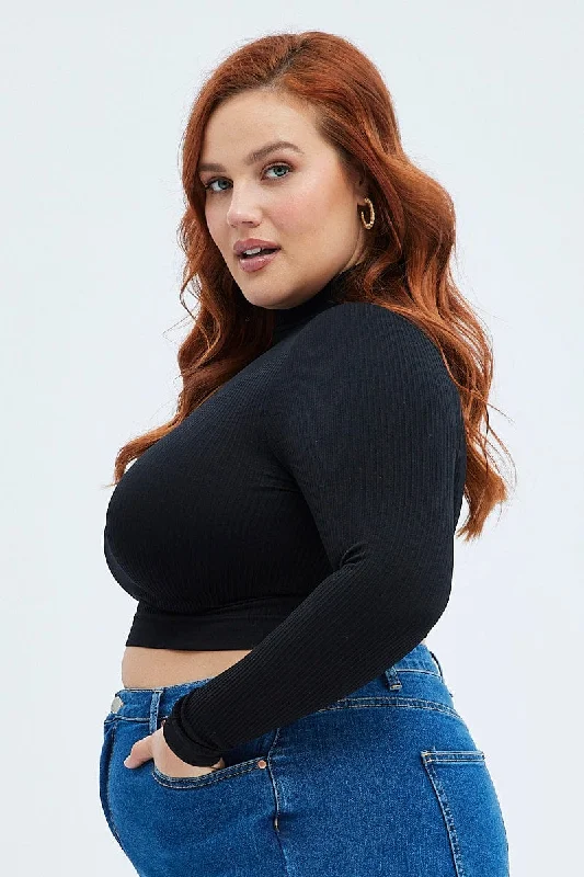 Black Top Long Sleeve High Neck Seamless