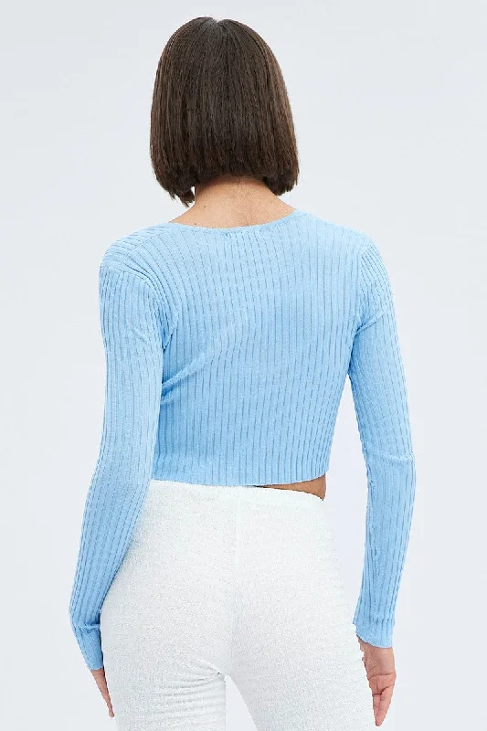 Blue Knit Top Twist Bust Crop Ribbed