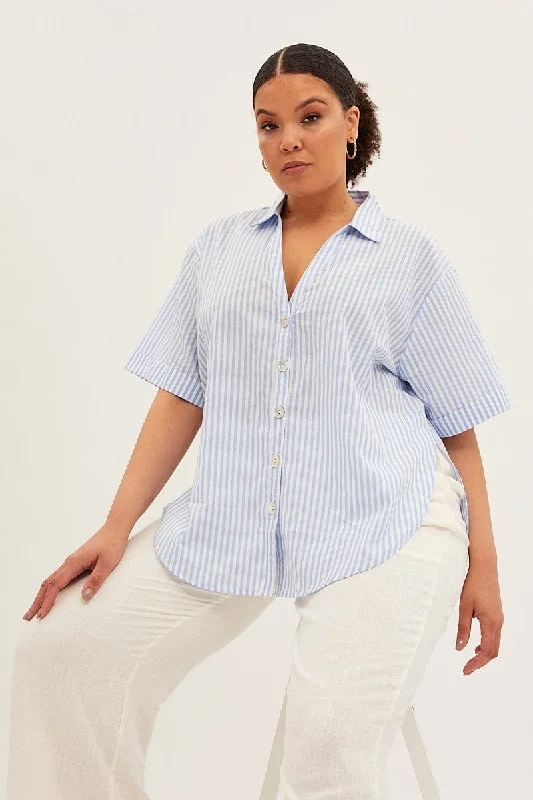 Blue Stripe White Shirt With Shell Button