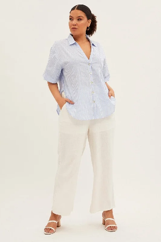 Blue Stripe White Shirt With Shell Button