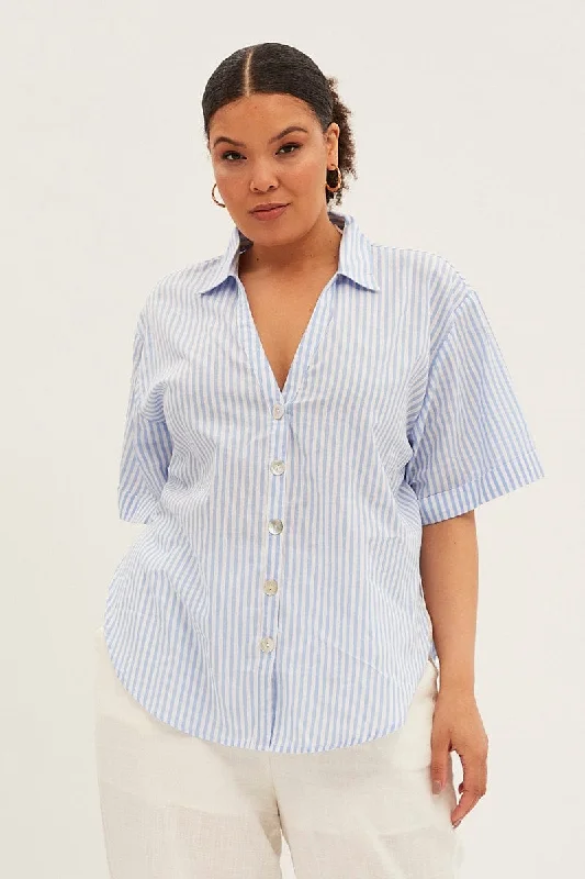 Blue Stripe White Shirt With Shell Button