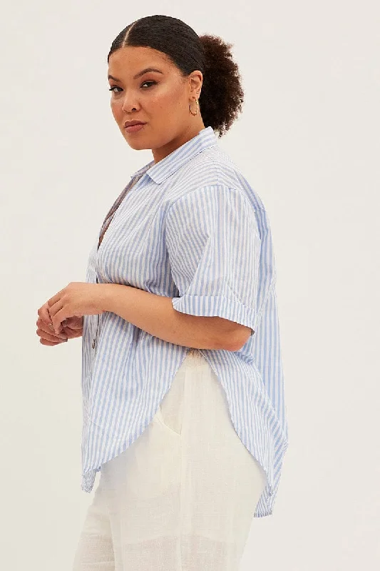 Blue Stripe White Shirt With Shell Button