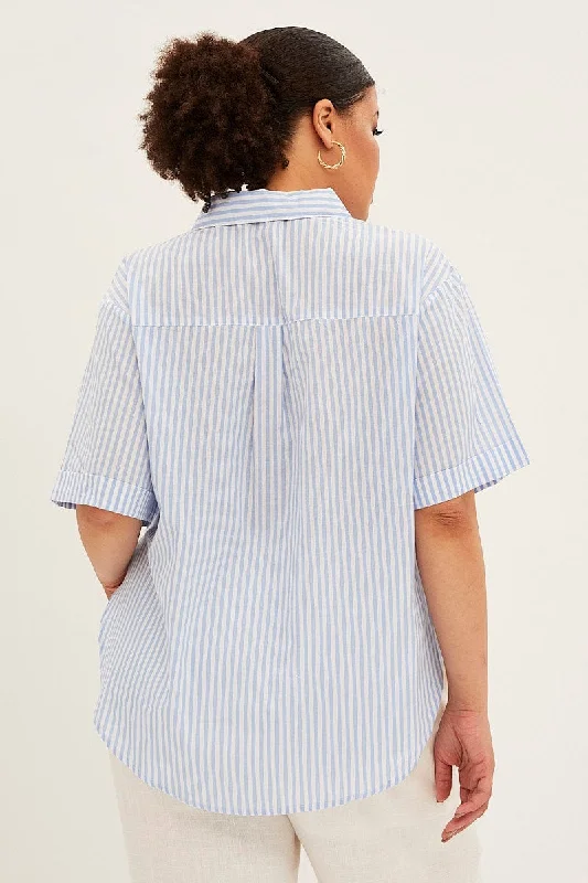 Blue Stripe White Shirt With Shell Button