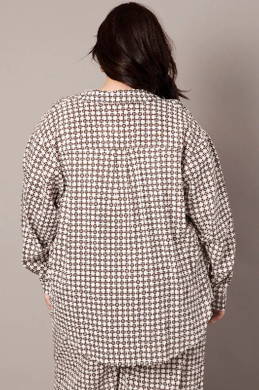 Brown Geo Relaxed Shirt Long Sleeve Linen Blend