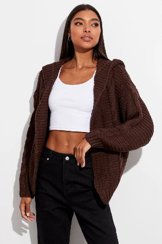 Brown Hooded Cable Knit Cardigan