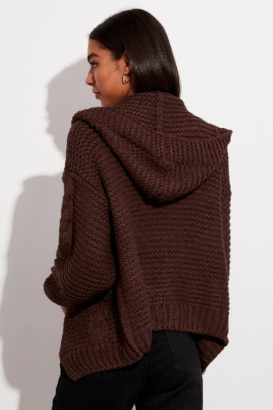 Brown Hooded Cable Knit Cardigan