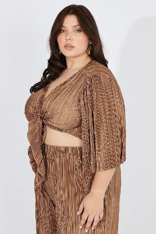 Brown Plisse Satin Flare Sleeve Tie Bolero Top