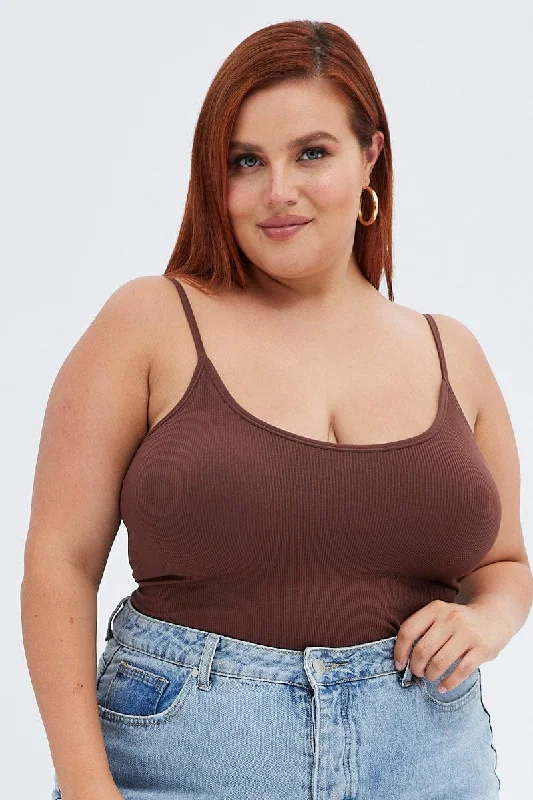 Brown Singlet Top Scoop Neck Seamless