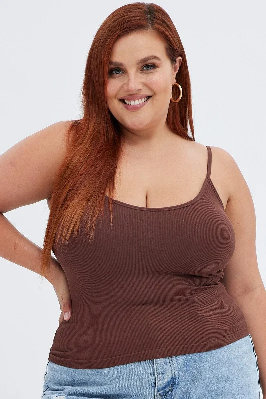 Brown Singlet Top Scoop Neck Seamless