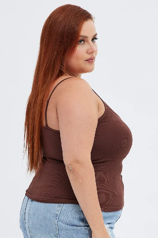 Brown Singlet Top Scoop Neck Seamless