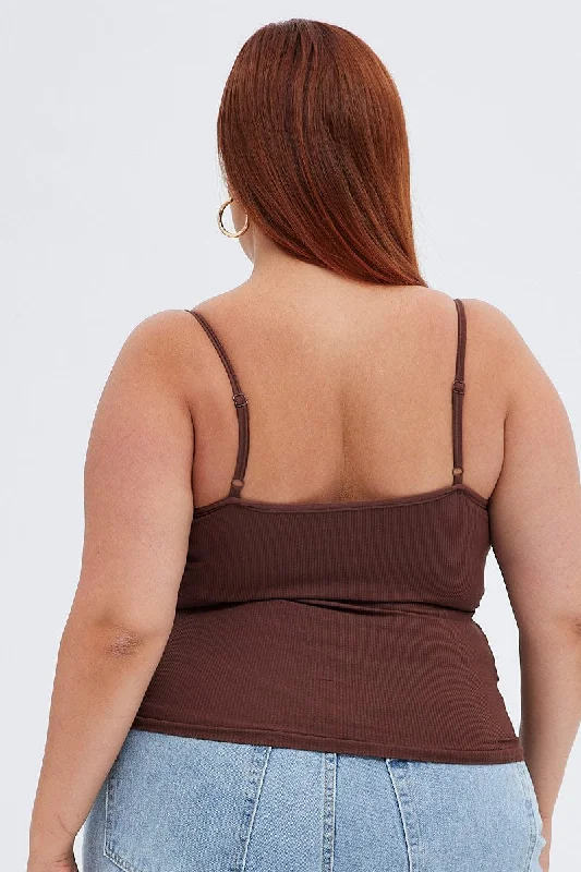 Brown Singlet Top Scoop Neck Seamless