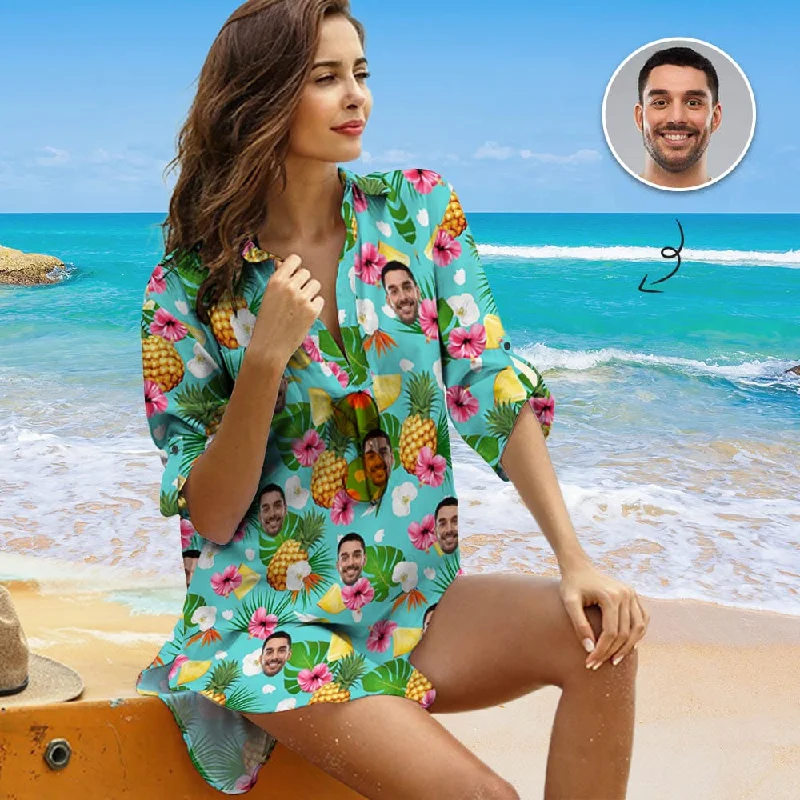 Custom Face Pineapple Flower&Leaf One Piece Cover Up Thin Dress Personalized Women's Short Sleeve Beachwear Coverups