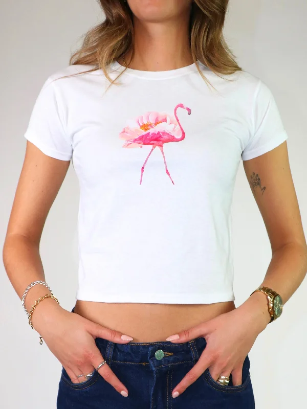 FLORAL FLAMINGO BABY TEE - HVID