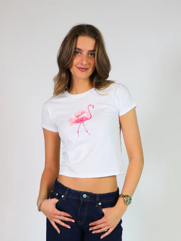 FLORAL FLAMINGO BABY TEE - HVID