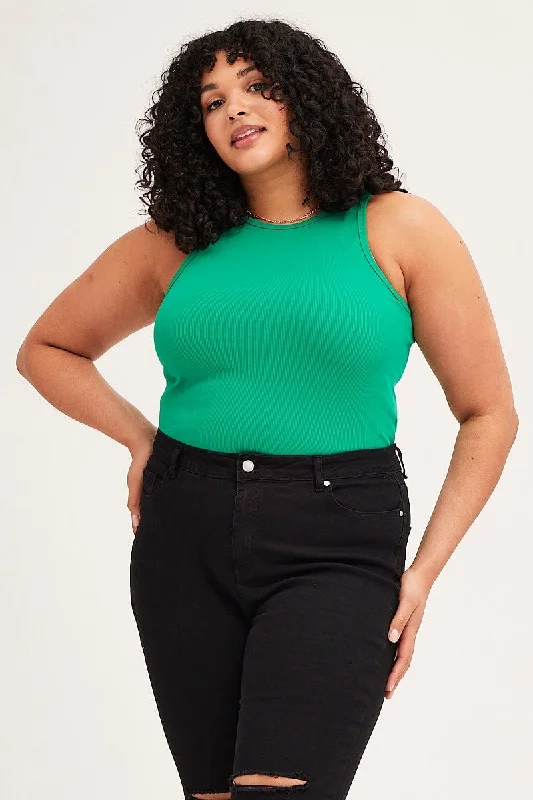 Green Crew Neck Rib Tank Top