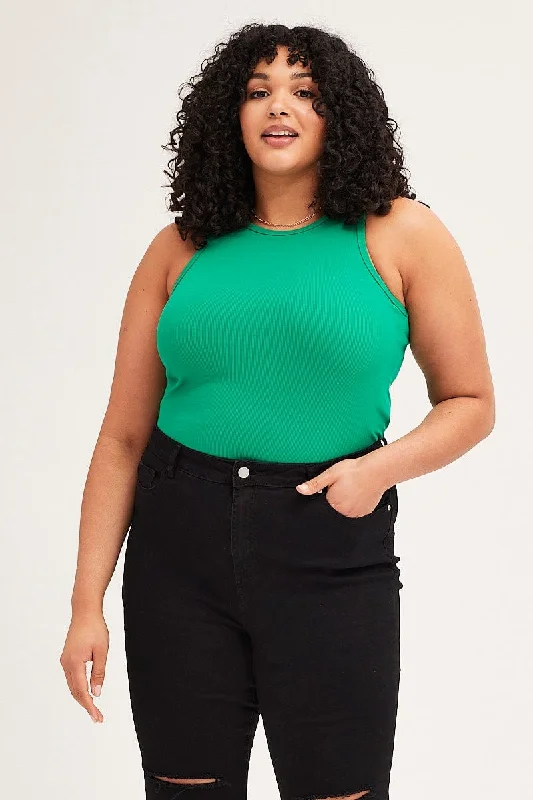 Green Crew Neck Rib Tank Top