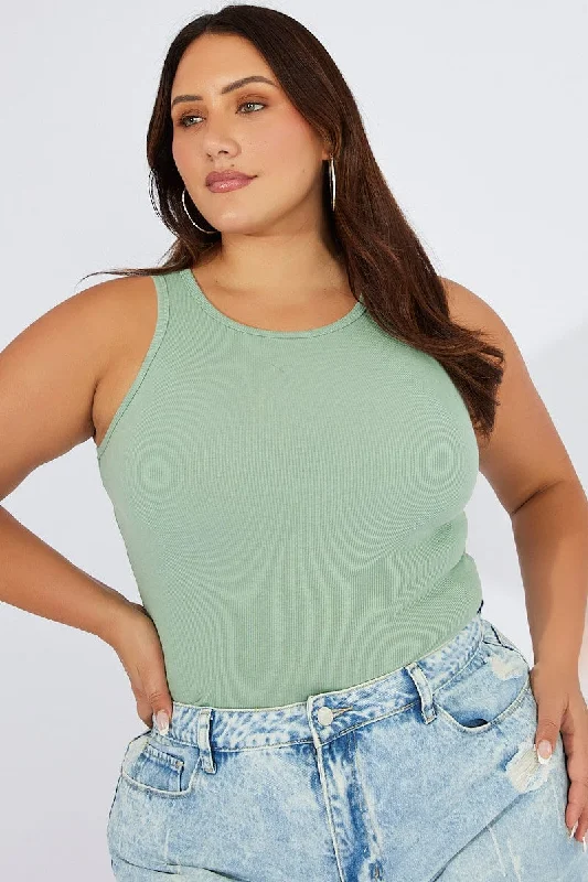 Green Tank Top Sleeveless Crew Neck