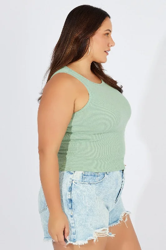 Green Tank Top Sleeveless Crew Neck