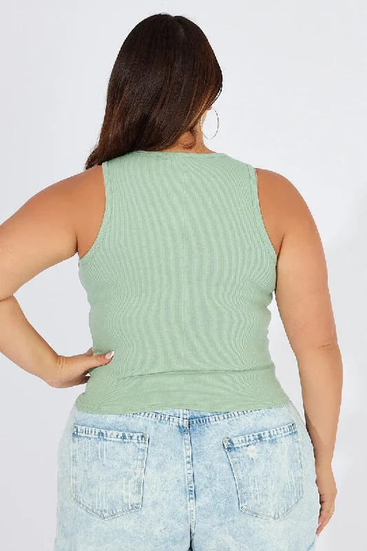 Green Tank Top Sleeveless Crew Neck