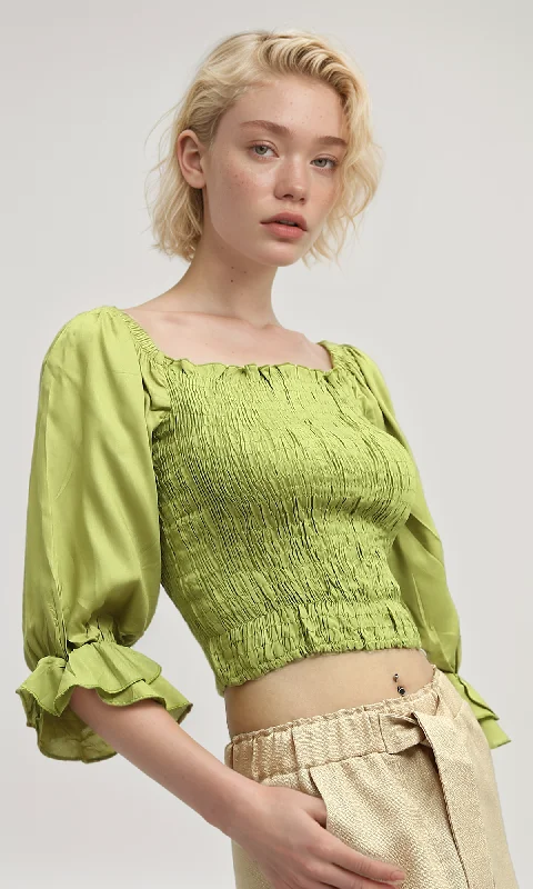 O179198  Cropped Ruffle Tops 3/4 Sleeve Square Neck -Light Green