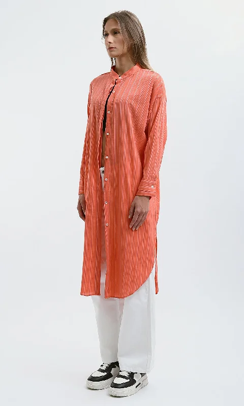 O181628 Mandarin Collar Shirt Dress With Long Sleeves - Coral Orange