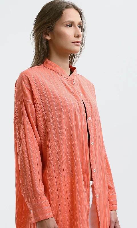 O181628 Mandarin Collar Shirt Dress With Long Sleeves - Coral Orange