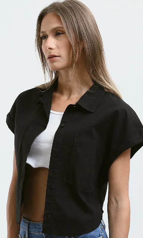 O181643 Classic Collar Black Short Shirt With Front Pockets