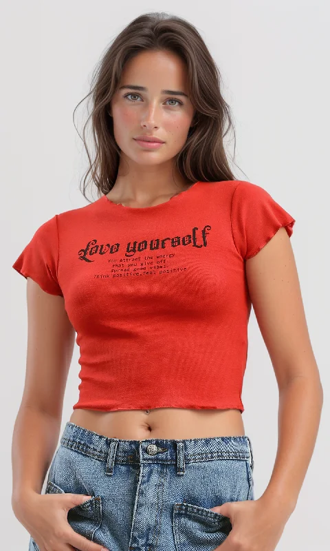 O192030 Fashionable Printed ""Love Yourself"" Red Tee