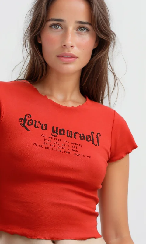 O192030 Fashionable Printed ""Love Yourself"" Red Tee