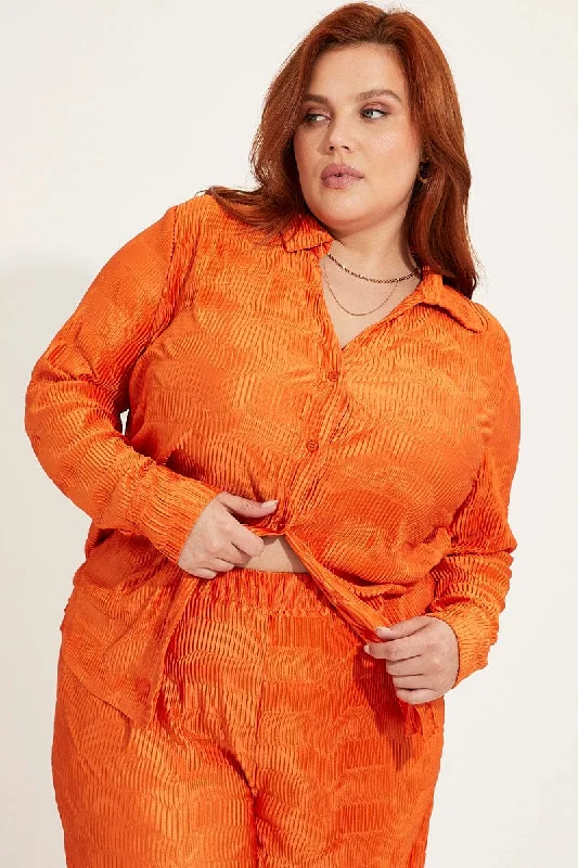 Orange Plisse Shirt Long Sleeve