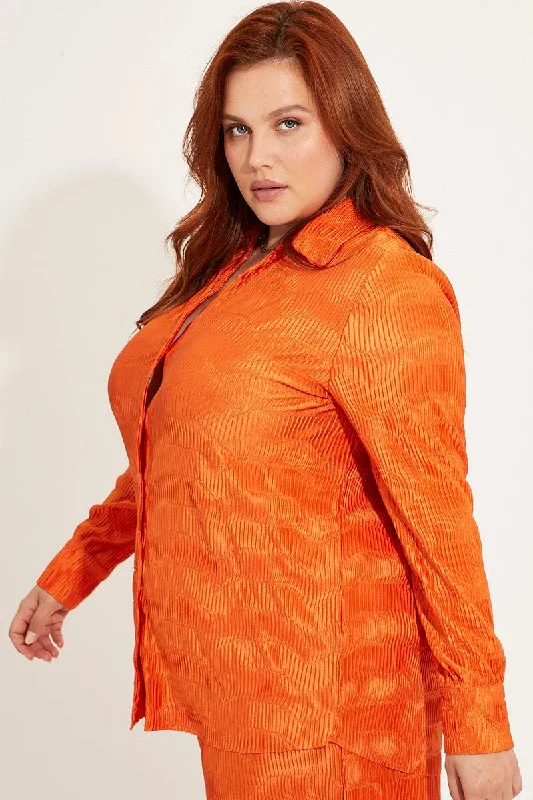 Orange Plisse Shirt Long Sleeve