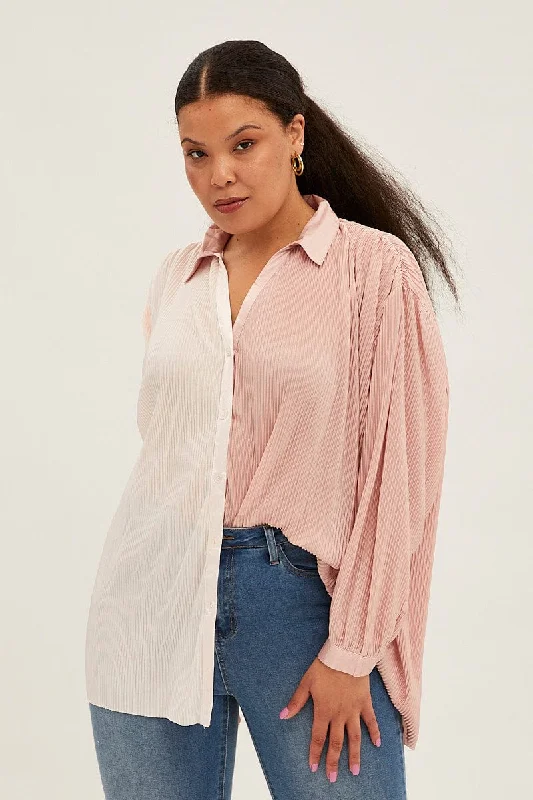 Pink Relaxed Shirts Long Sleeve Plisse Colour Block