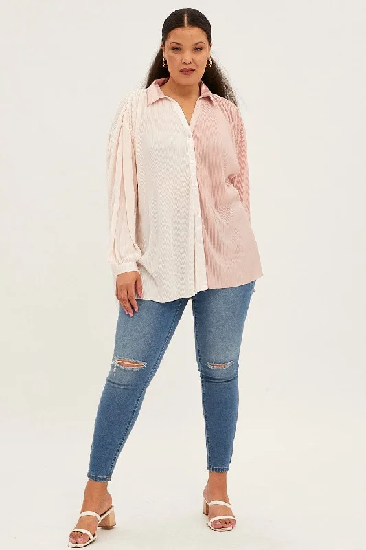 Pink Relaxed Shirts Long Sleeve Plisse Colour Block