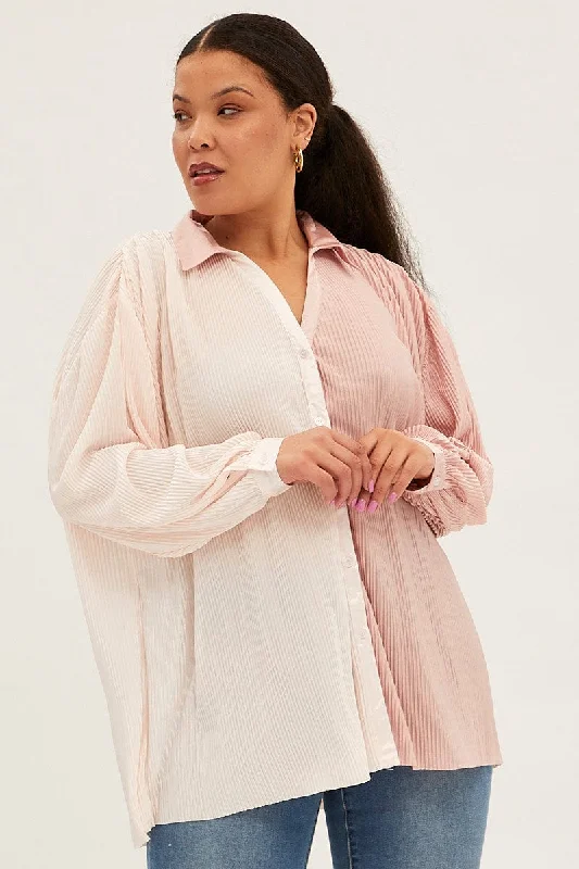 Pink Relaxed Shirts Long Sleeve Plisse Colour Block