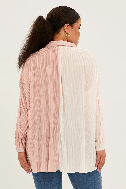 Pink Relaxed Shirts Long Sleeve Plisse Colour Block