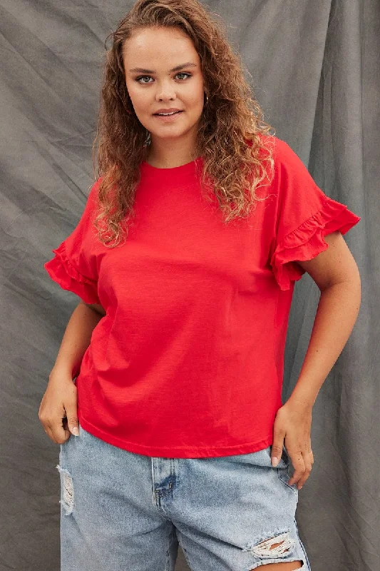 Red T-shirt Ruffle Sleeve Crew Neck