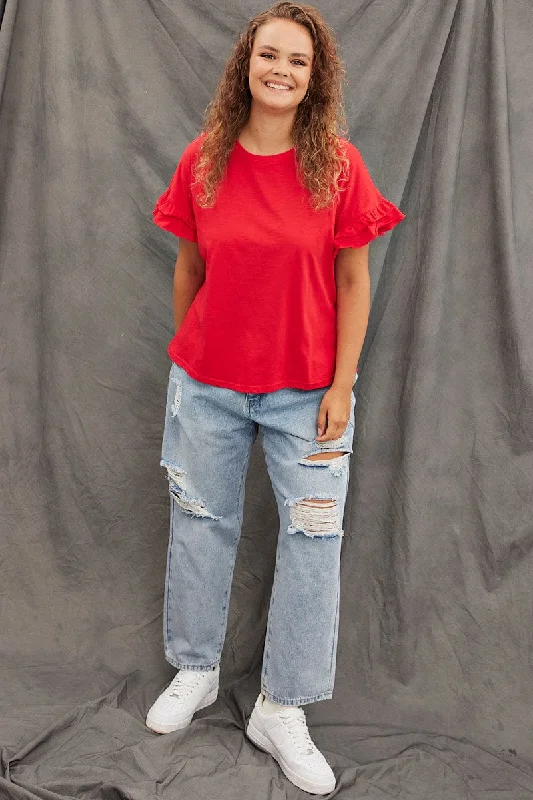 Red T-shirt Ruffle Sleeve Crew Neck