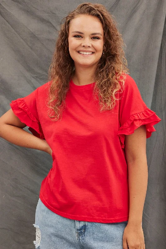 Red T-shirt Ruffle Sleeve Crew Neck