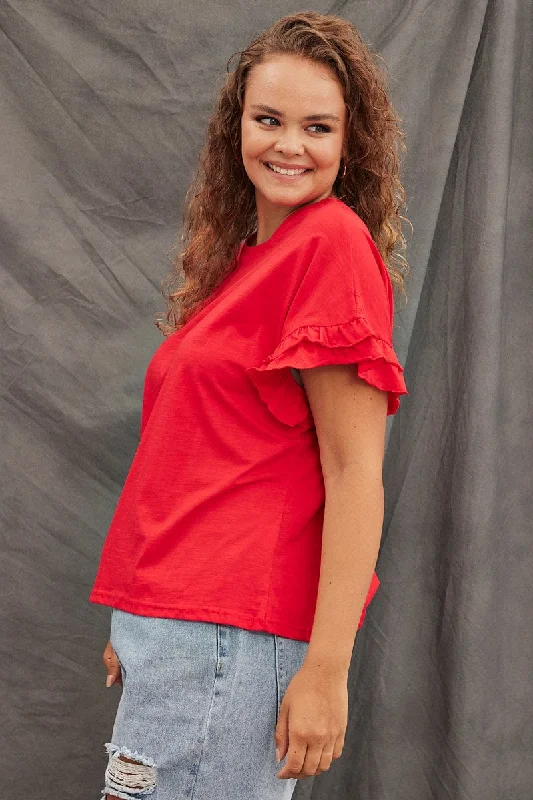 Red T-shirt Ruffle Sleeve Crew Neck