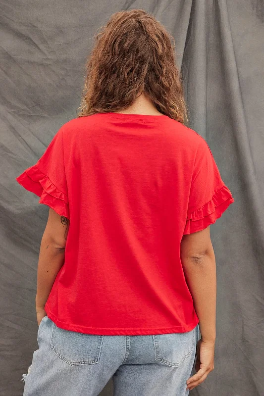 Red T-shirt Ruffle Sleeve Crew Neck